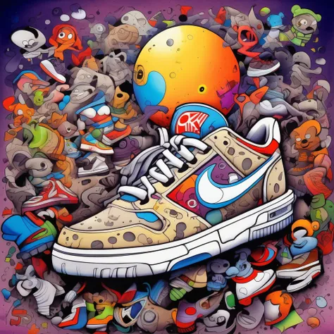 Skottie Young Style - hiphop moon drawn and colored with markers cheo bristol art style

A background completely filled with scattered sneaker in various sizes and colors, covering the entire screen.
characterstey