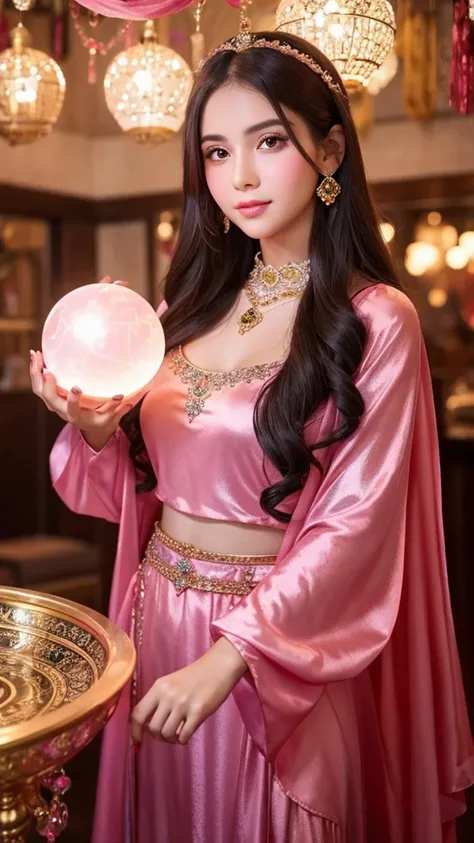 Beautiful gypsy woman tarot card fortune teller、young woman、Holding a very large, shiny crystal ball in both hands、Facing forward、Cute pink outfit、looking at the camera、The background is a fortune-telling parlor、