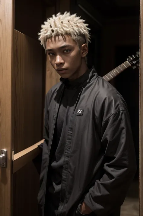 a 16-year-old support jujutsu sorcerer, dark-skinned, 1,62 tall, charismatic, with a guitar on his back and his innate technique allows him to create doors in inanimate places with the clothes of a jujutsu sorcerer in the style of the jujutsu kaisen cartoo...