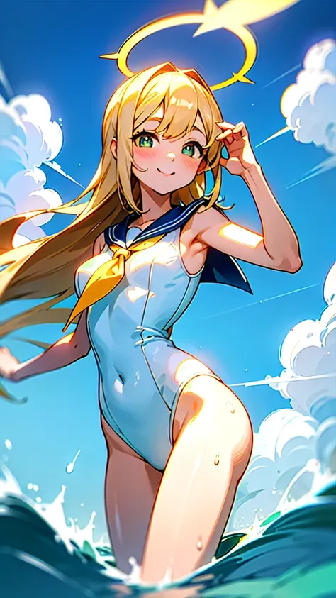 First place girl，Long straight hair，The right bangs，Light hair，Light Blonde Hair，Light green pupils，以blue、White-based clothes，Sailor Suit上衣，Tactics，Technology，Goggles，Modern，blue、白色紧身连体Swimsuit，连体Swimsuit，Swimsuit，Sailor SuitNavel短上衣，Navel，Sailor Suit，Whit...