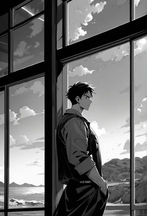 man character, age 26, short black hair, brawny, looking at the coast window, black andwhite