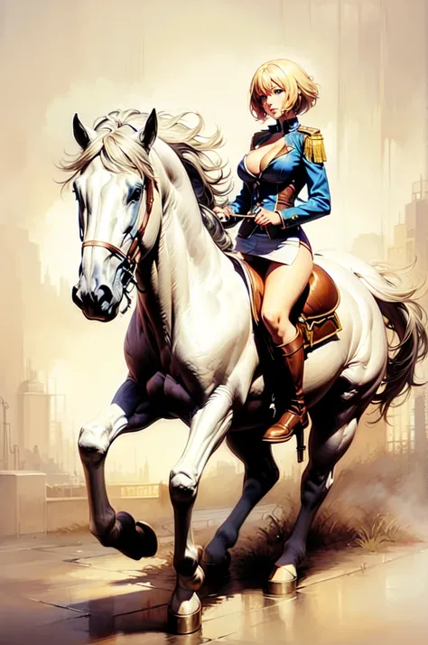 ((best quality)), ((anime masterpiece)), (high detailed), 8k, cinematic lighting, perfect face, large breast, cleavage, blue eyes, 1girl riding a WHITE HORSE, short hair, pixie cut, {blonde hair}, (sexy uniform, miniskirt, bare legs, black boots), [white h...