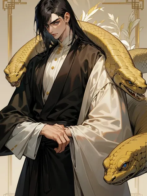 A young man in his twenties, with shoulder-length black hair that covers his right eye. His pupils are a snake-like gold, his eyebrows are long and thin, the corners of his eyes are slightly upturned, his skin is fair, and he looks handsome, but he always ...