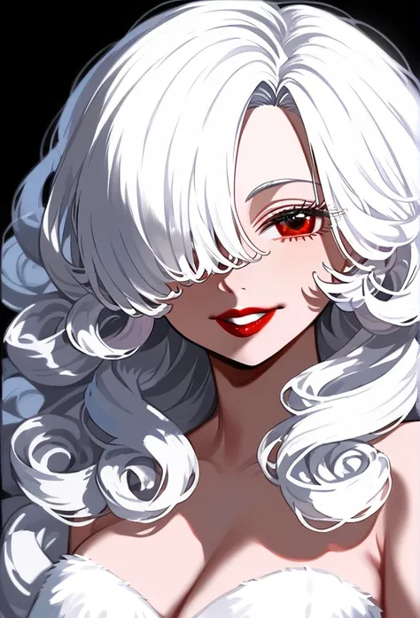 masterpiece, best quality, upper body, score_9, fluffy long hair,white hair,smiling,older woman,short dress,lipstick,white background,half body,hair covering one eyes,red eyes,curly hair