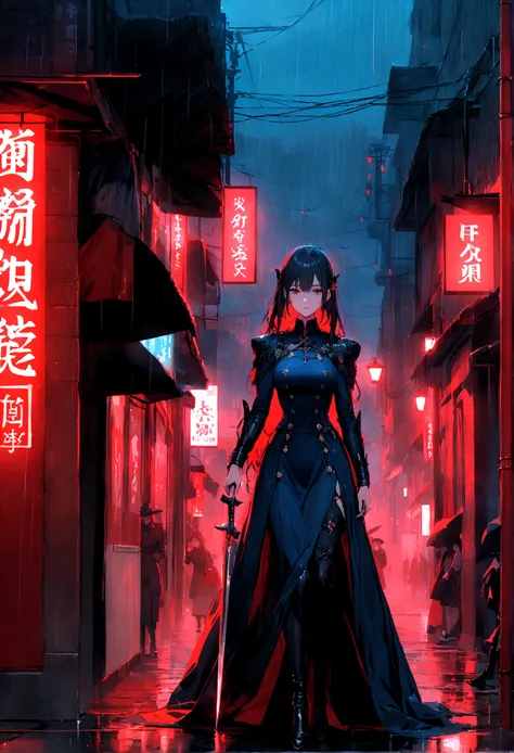 warrior，Long knife in hand，Clothing mainly in black and blue，Stand on the street，red neon light，Night，rain