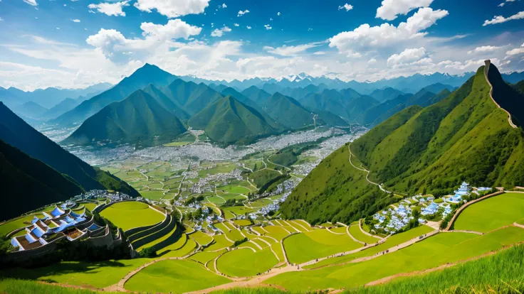 The ancient city is high in the mountains of China, the sky is blue and white, and grass is at the foot of the mountain