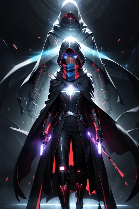 realistic,shiny,reflective,bioluminic, galactic cybernetic mask,mecha,(assassin:1.2),((((scarf,long cloak)))),sh4g0d,GlowingRunes_red,fullbody,cinemnatic,dark background,backlight,high contrast, брешь, скорость,