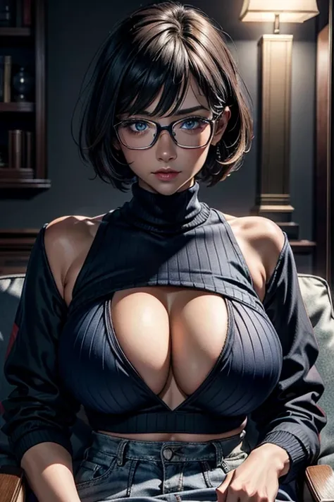 ((Masterpiece)),((Best Quality)),ultra detailed,lightning,((Masterpiece)),((Best Quality)),ultra detailed,lightning,exterior,Jodie Starlin,1 girl,Alone,glasses,(session),short hair,by rubio,dark,headrest,crossed legs,looking at the viewer,Telephone,lipstic...