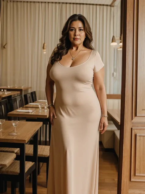 RAW PHOTO, her name is Alejandra, high quality, 1 old woman, ((58-year-old plus sized body latina woman)), (((58 years old))), ((plus sized)), (((chubby body))), ((wrinkled body)), (((old body))), ((long hair)), wearing stylish fashionable elegant dress di...