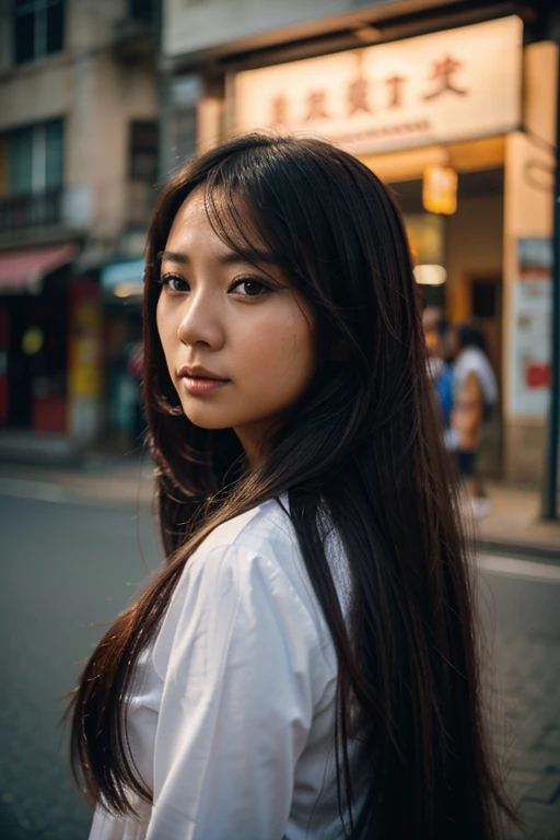 Photography of a beautiful Asian girl，She has long flowing hair；Photo of a beautiful girl with long flowing hair terbang tertiup angin