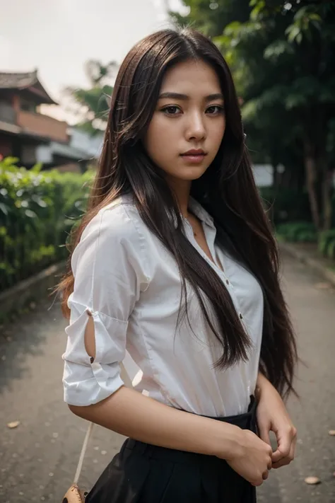 Photography of a beautiful Asian girl，She has long flowing hair；Photo of a beautiful girl with long flowing hair terbang tertiup angin