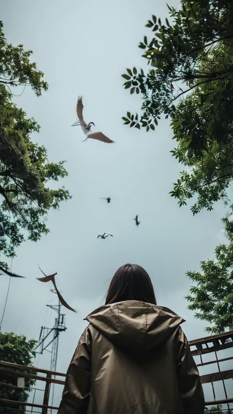 ((crane))、bird、Rainy Sky、1girl,from below