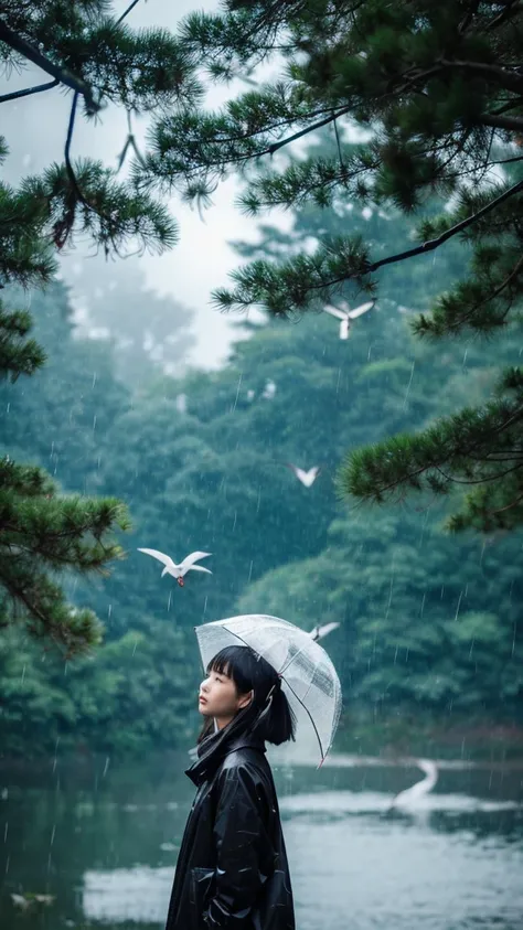 ((crane))、bird、Rainy Sky、1girl,from below