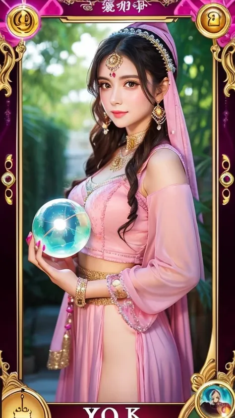 Beautiful gypsy woman tarot card fortune teller、young woman、Holding a very large, shiny crystal ball in both hands、Facing forward、Cute pink outfit、looking at the camera、The background is a fortune-telling parlor、