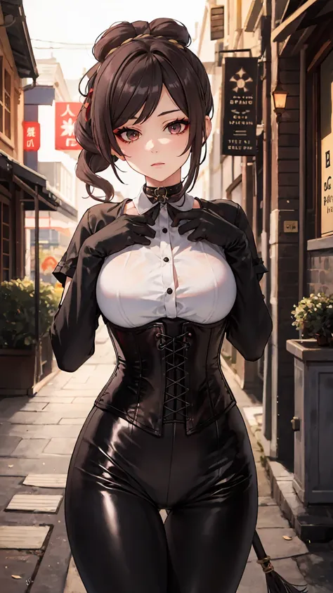 1 girl, Chiori (genshin impact), Alone, choker:1.6, White long sleeve shirt with long sleeve collar, black leather corset, black gloves that cover your hands, shiny black leggings, looking at the viewer,, inside, depth of field, expressionless, alley, at n...