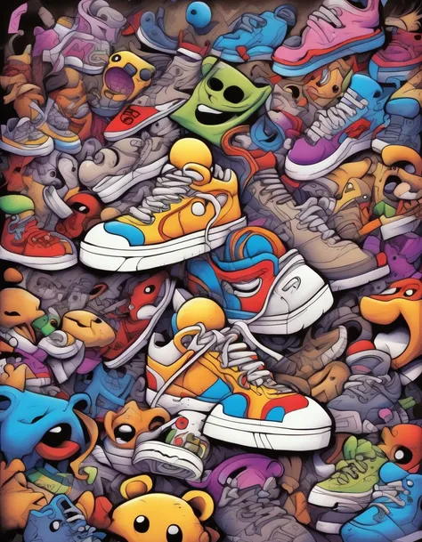 Skottie Young Style - hiphop moon drawn and colored with markers cheo bristol art style

A background completely filled with scattered sneaker in various sizes and colors, covering the entire screen.
characterstey