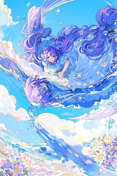 (masterpiece:1.2), best quality,pixiv, 
fairy tale style, 1girl, cloud, solo, sky, purple hair, flower, bubble, blue sky, long h...