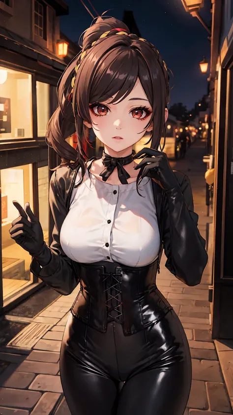 1 girl, Chiori (genshin impact), Alone, choker:1.6, White long sleeve shirt with long sleeve collar, black leather corset, black gloves that cover your hands, shiny black leggings, looking at the viewer,, inside, depth of field, expressionless, alley, at n...