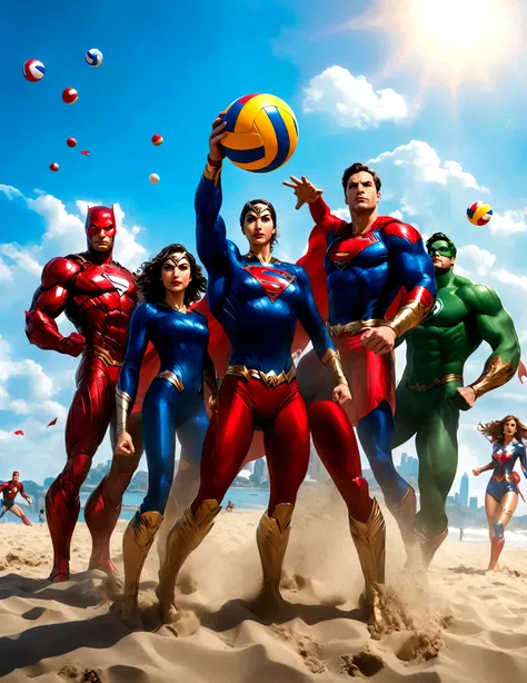 Superheroes are playing volleyball on the beach, DCs Justice League vs Marvels Avengers, 5 players per team, relaxing super costumes