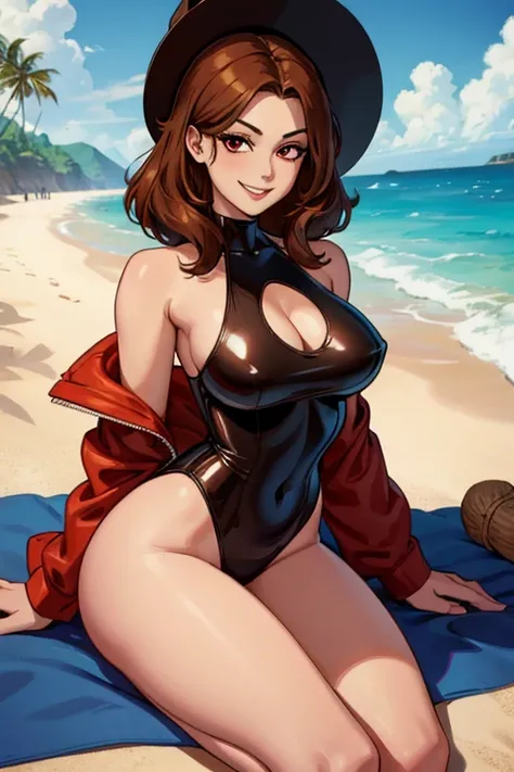 perfect face, perfect hands. A brown haired woman with red eyes and an hourglass figure in a leather one piece swimsuit is smiling on a beach
