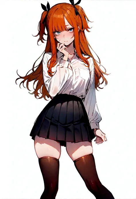 (masterpiece), best quality, expressive eyes, perfect face, 1girl, solo, blue eyes, dark orange Hair, Loose hair, hair ribbon, long hair, black ribbon, sidelocks, bangs two side up, black skirt, black thigh-highs, long sleeves, miniskirt, pleated skirt, wh...