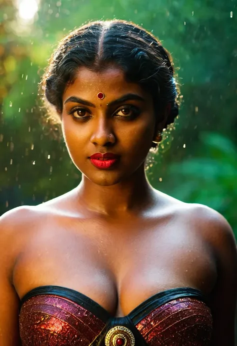 (((photo of a ancient kerala crowned temple goddess ))), (((black kali))) , (((Half Body))), (((very dark skin))), (((age 18+))), (((plus size chubby tall))), (((huge busty milky wet big massive boobs))), (((nude thick thigh))), (((ancient black mini skirt...