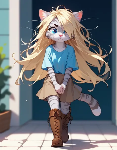 Solo, score_9,score_8_up,score_7_up, source_cartoon, kat, Anthro furry feline, female, short slender body, long blonde hair, long messy hair, hair covering one eye, pink nose, blue eyes, white whiskers, silver fur, grey stripes, furry body, short, young, a...