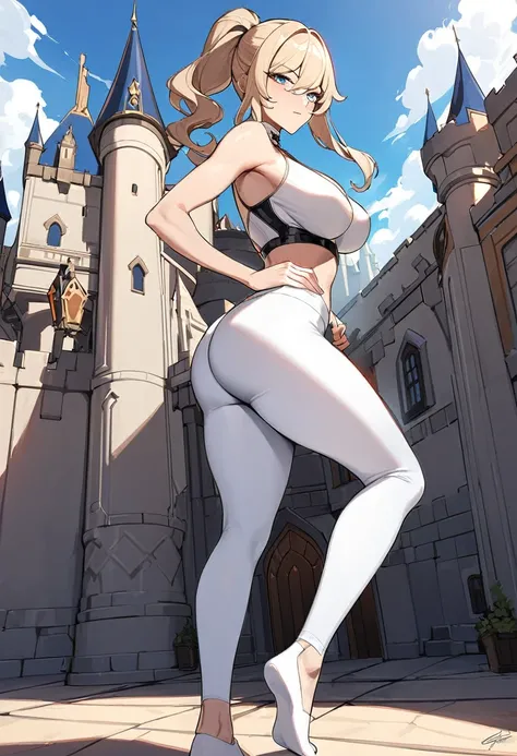 Masterpiece, Jean, genshin impact, Hot, busty, medium breasts, castle, posing, ass, blue eyes, yoga pants, white pants