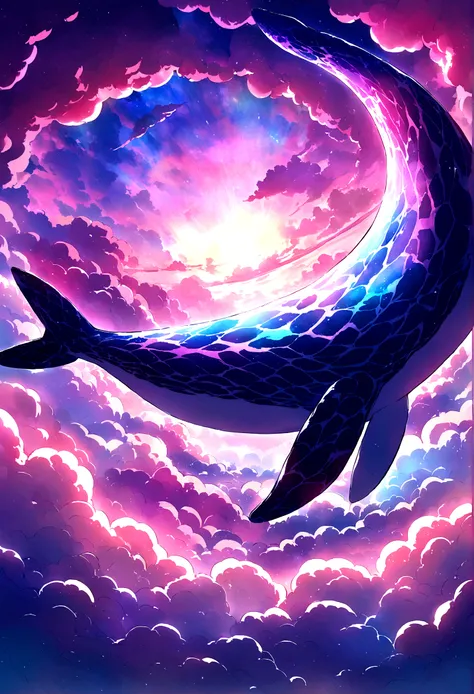 Colorful whale，Colorful clouds，Pink purple sea