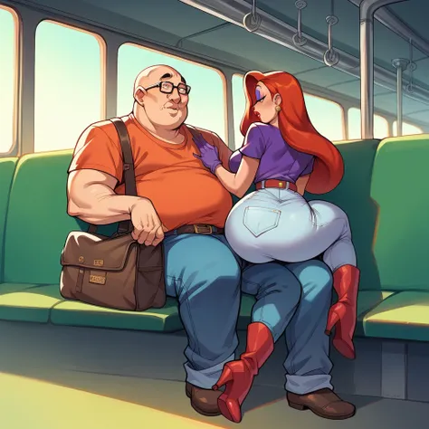 Jessica Rabbit is sitting with a fat old man, she has big tits and a big ass, she is wearing top and jeans and long boots, he is wearing a shirt, he is bald, train