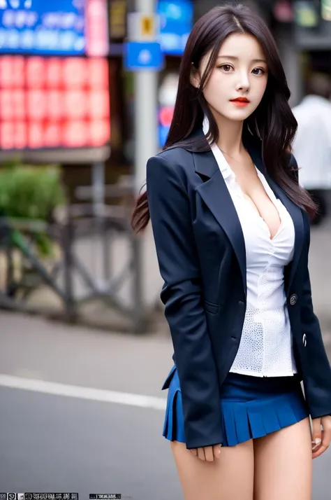 (((blazer is just closed))), a 17 year old girl, she is the most beautiful actress in the world, the perfect body proportions of this girl, her clothed large breasts with the blazer which is worn on the shirt and closed on her waist, her crotch area of the...