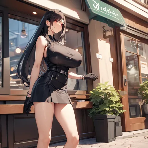 A woman wearing a black sleeveless shirt, black gloves, black skirt, black boots, big breasts, red eyes, black hair, long hair, smiling, perfect face, outside a coffee shop, standing.,UHD, masterpiece, accurate, anatomically correct, textured skin, super d...