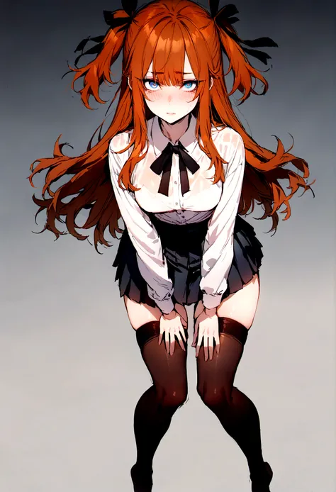 (masterpiece), best quality, expressive eyes, perfect face, 1girl, solo, blue eyes, dark orange Hair, Loose hair, hair ribbon, long hair, black ribbon, sidelocks, bangs two side up, black skirt, black thigh-highs, long sleeves, miniskirt, pleated skirt, wh...