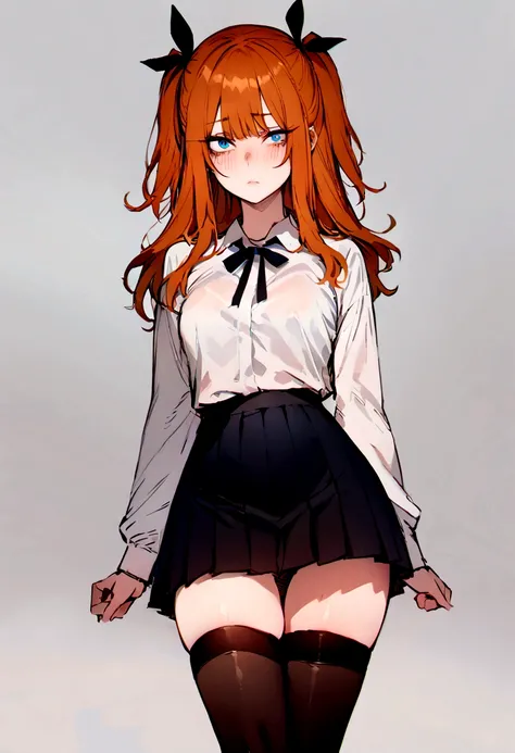 (masterpiece), best quality, expressive eyes, perfect face, 1girl, solo, blue eyes, dark orange Hair, Loose hair, hair ribbon, long hair, black ribbon, sidelocks, bangs two side up, black skirt, black thigh-highs, long sleeves, miniskirt, pleated skirt, wh...