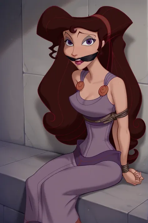 score_9,score_8_up,score_7_up,score_6_up, source_cartoon, break, 1girl, disney, megara, brown hair, purple eyes, purple dress, t...