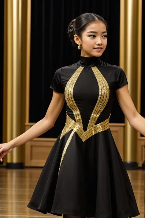 Figure skating dancer dress with black and gold