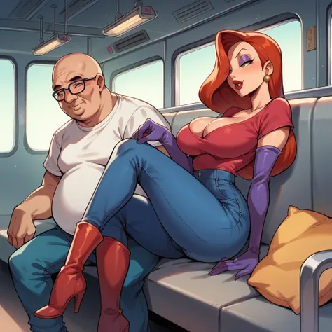 Jessica Rabbit is sitting with a fat old man, she has big tits and a big ass, she is wearing top and jeans and long boots, he is wearing a shirt, he is bald, train