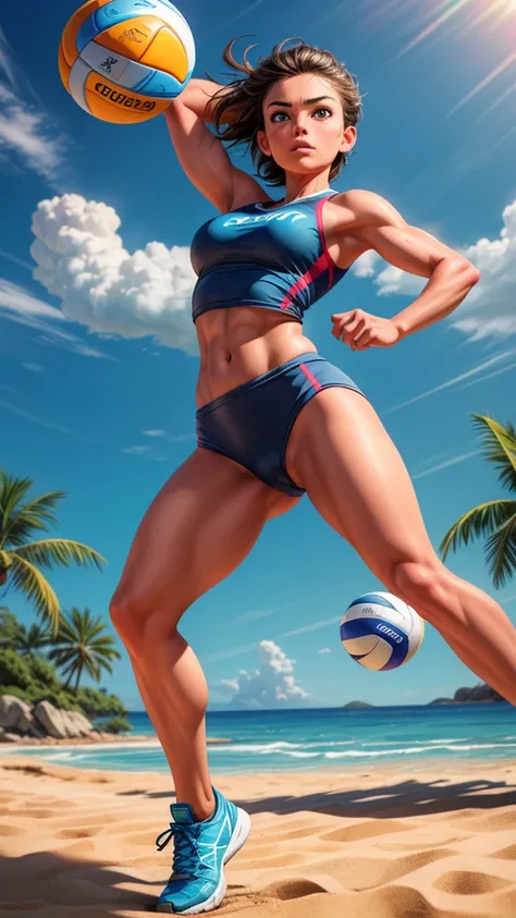 A beach volleyball player Jumping and attacking the ball,athletic woman,dynamic action,beach sand,blue sky,ocean waves,detailed facial features,beautiful detailed eyes,beautiful detailed lips,extremely detailed face,long eyelashes,muscular body,athletic po...