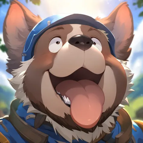 anthro, kemono, male, solo, ((round face, very plump face, thick beard)), ((endomorph body type, old-aged)), ((adventure costume:1.5)), ((domestic dog, dog) fluffy fur, fluffy), (at lawn hills, blue sky clouds), bokeh, (face focus, headshot), detailed back...