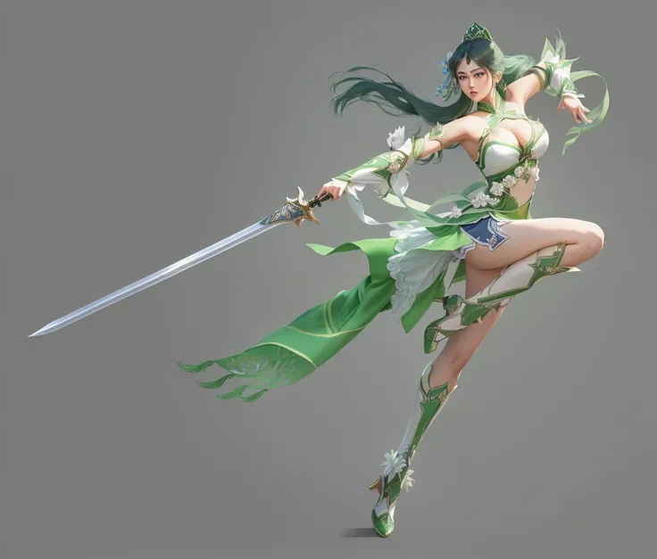 Wearing a green dress、Arav woman holding sword and green dress, Dynasty Warriors, lady powder, Full body fairy, yun ling, zhao yun, Fighting Game Characters, Katana Zero Video Game Character, bian lian, powder, Full body martial arts, xianxia hero, Inspire...