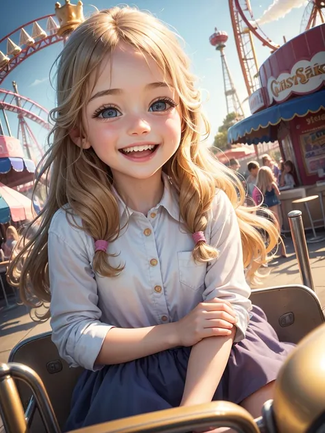 Best picture quality, detailed eyes, long eyelashes, best picture quality, adorable 5 year old girl, laughing hysterically in front seat of roller coaster, happy smile, amazingly large shining eyes, long eyelashes, long golden hair, neat , friendly and bri...