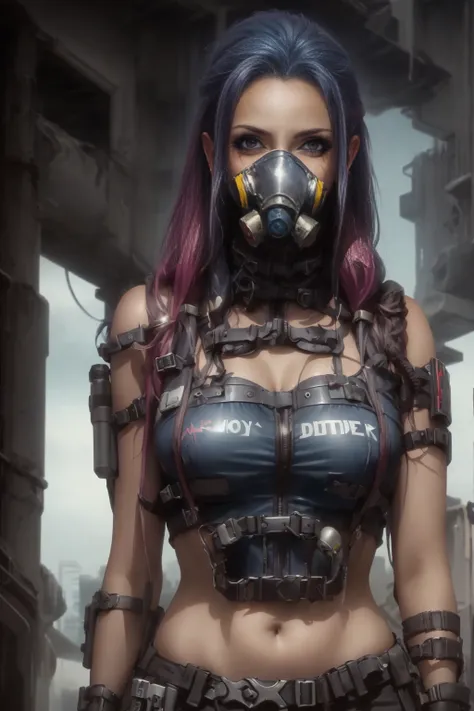 a post-apocalyptic cyberpunk android with short blue hair, an extremely large and perfectly shaped bust, a provocative pose, gas...