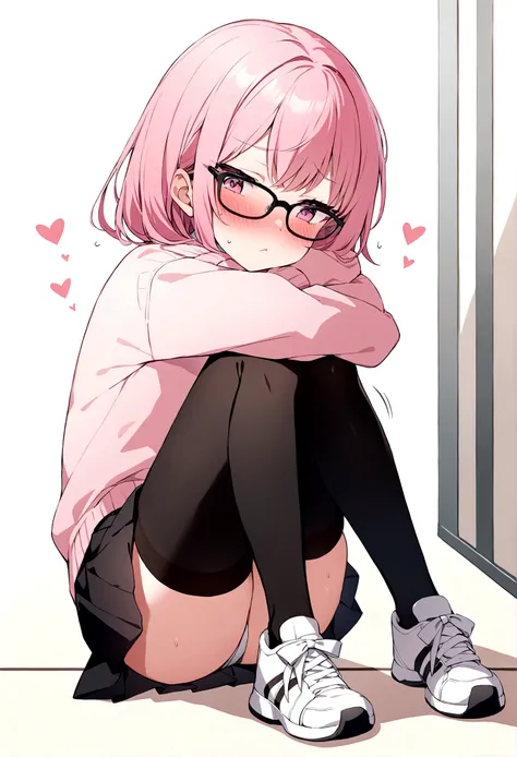 pink hair black glasses pink eyes extremely blushing a big pink sweater short black skirt black stockings white tennis shoes that is a reserved girl that is pouting