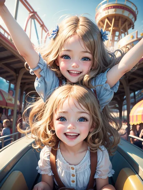 Best picture quality, detailed eyes, long eyelashes, best picture quality, adorable 5 year old girl, laughing hysterically in front seat of roller coaster, happy smile, amazingly large shining eyes, long eyelashes, long golden hair, neat , friendly and bri...