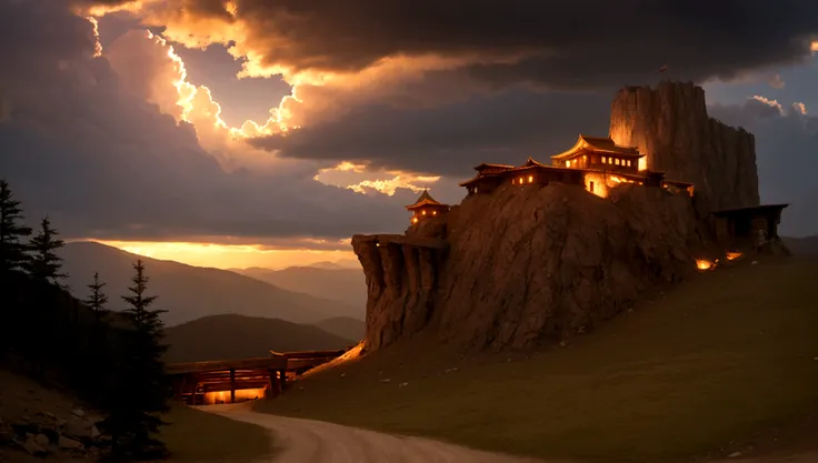 mountain pass with wooden fort under storming sky, photorealism, cinematic lighting