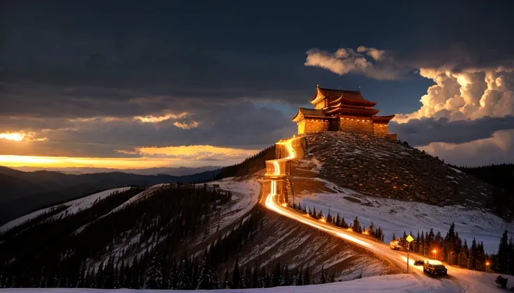 mountain pass with wooden fort under storming sky, photorealism, cinematic lighting