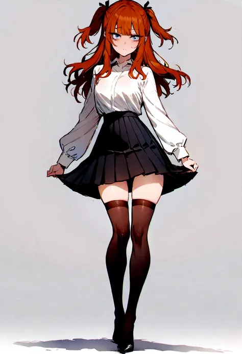 (masterpiece), best quality, expressive eyes, perfect face, 1girl, solo, blue eyes, dark orange Hair, Loose hair, hair ribbon, long hair, black ribbon, sidelocks, bangs two side up, black skirt, black thigh-highs, long sleeves, miniskirt, pleated skirt, wh...