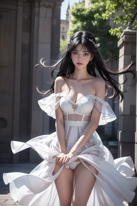 ((Girl standing in front of the wall of an old castle))、Fluorescent color、1 girl、Looking to the side、Beautiful face、Beautiful eyes、（Off the shoulder：1.2）、Upper Body、Shiny Hair、Glowing Skin、 Reduce glare、The proportions of the fingers have been adjusted、Esc...