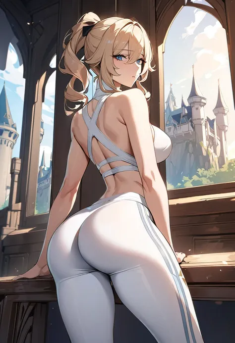 Masterpiece, Jean, genshin impact, Hot, busty, medium breasts, castle, posing, ass, blue eyes, yoga pants, white pants