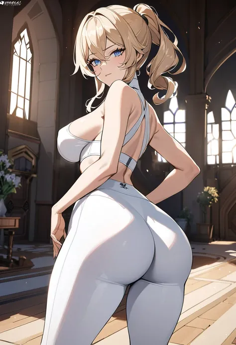 Masterpiece, Jean, genshin impact, Hot, busty, medium breasts, castle, posing, ass, blue eyes, yoga pants, white pants